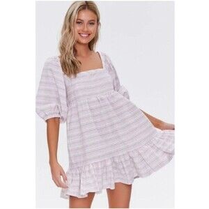 Forever 21 Medium Striped Puff Sleeve Babydoll Ruffle Smocked Dress Cottagecore